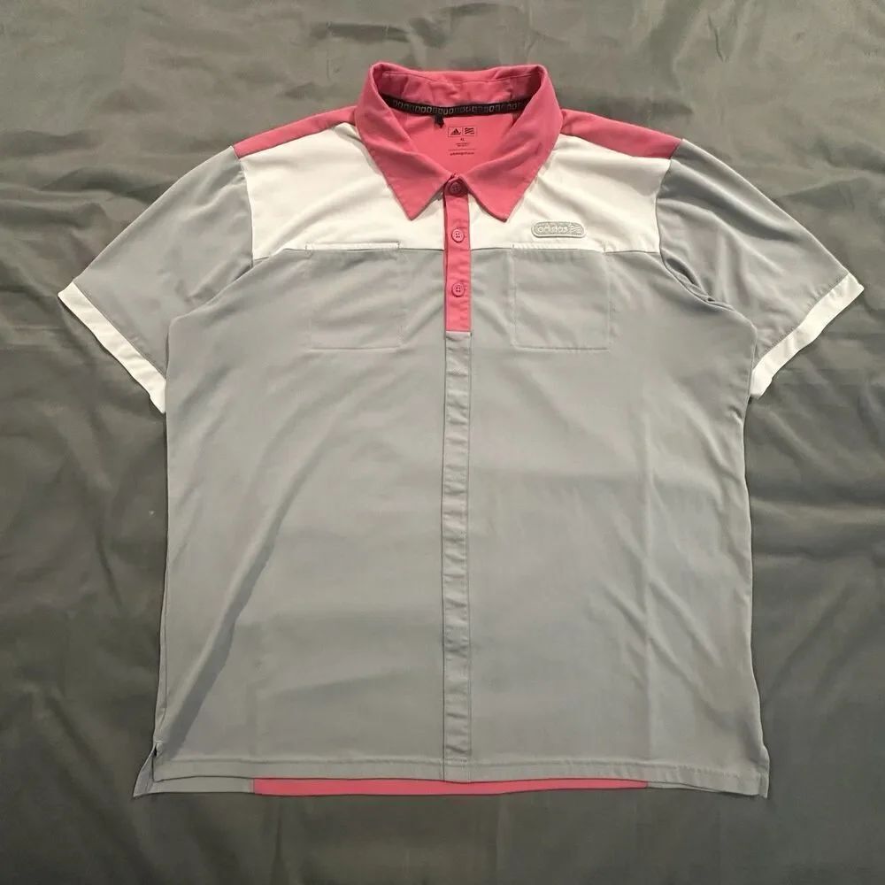 Adidas Golf Shirt Men's XL Colorblock Polo Pink Logo Patch Performance Stripe